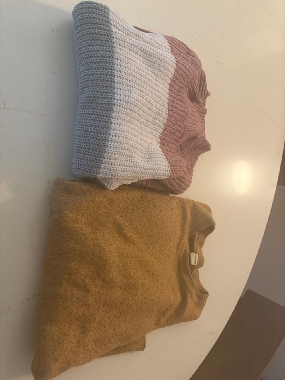 Two Cozy Knit Sweaters - White & Mauve Striped + Mustard